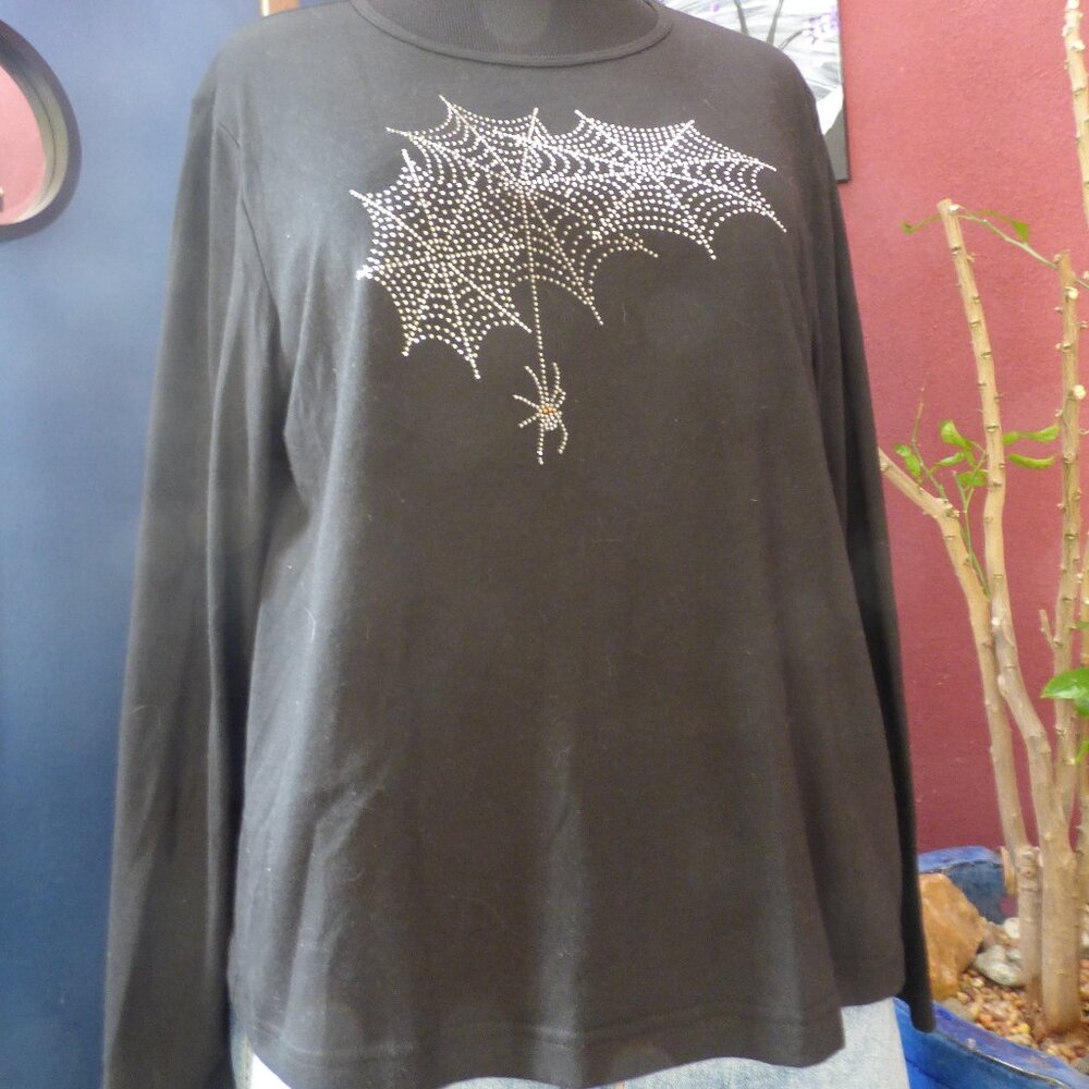 GOTH VAMPIRE SPOOKY ERIKA BLACK LONG SLEEVE T-SHIRT WITH STUD SPIDER WEB XL